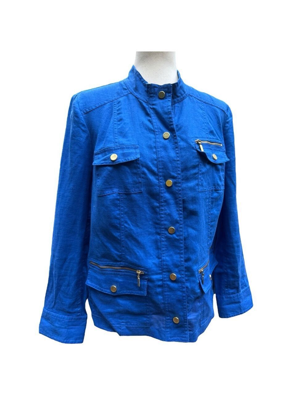 Chico’s 100% Linen Blue Utility Jacket Size 1 (M) Gold Zip Pocket Detail Classic - Picture 4 of 12